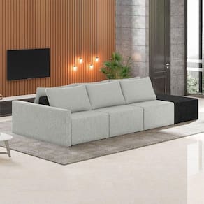 Sofá Ilha Modulado Milos 342cm Puff Lateral Cinza Preto Manchado Linho/pu G33 - Gran Belo