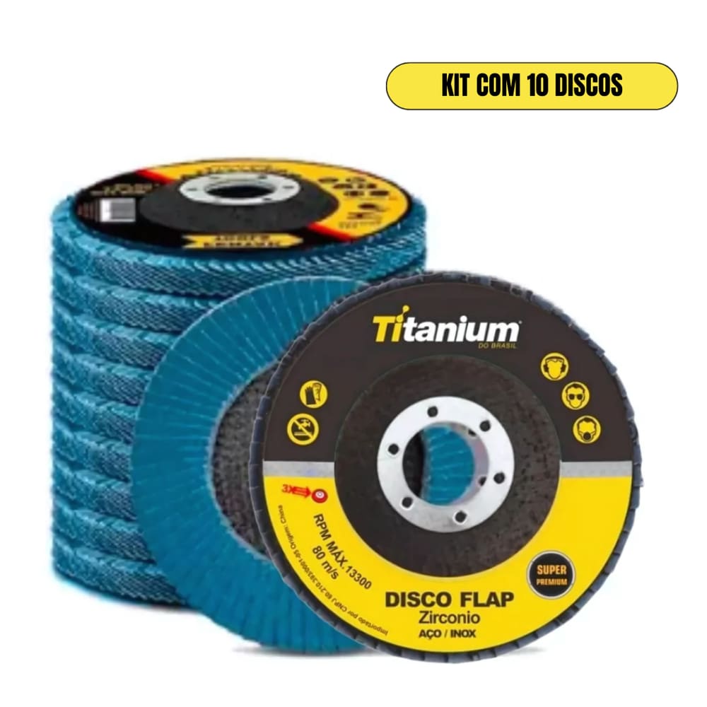 Ki com 10 Discos Flap Zirconio Inox 4.1/2 GR 120 Curvo Titanium - 05449