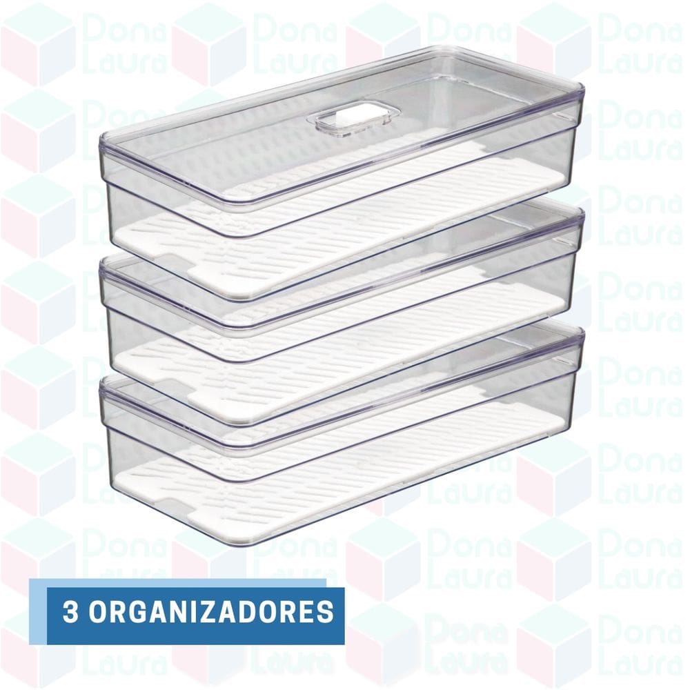 Conjunto 3 Organizadores Geladeira Empilhável Tampa e Tela