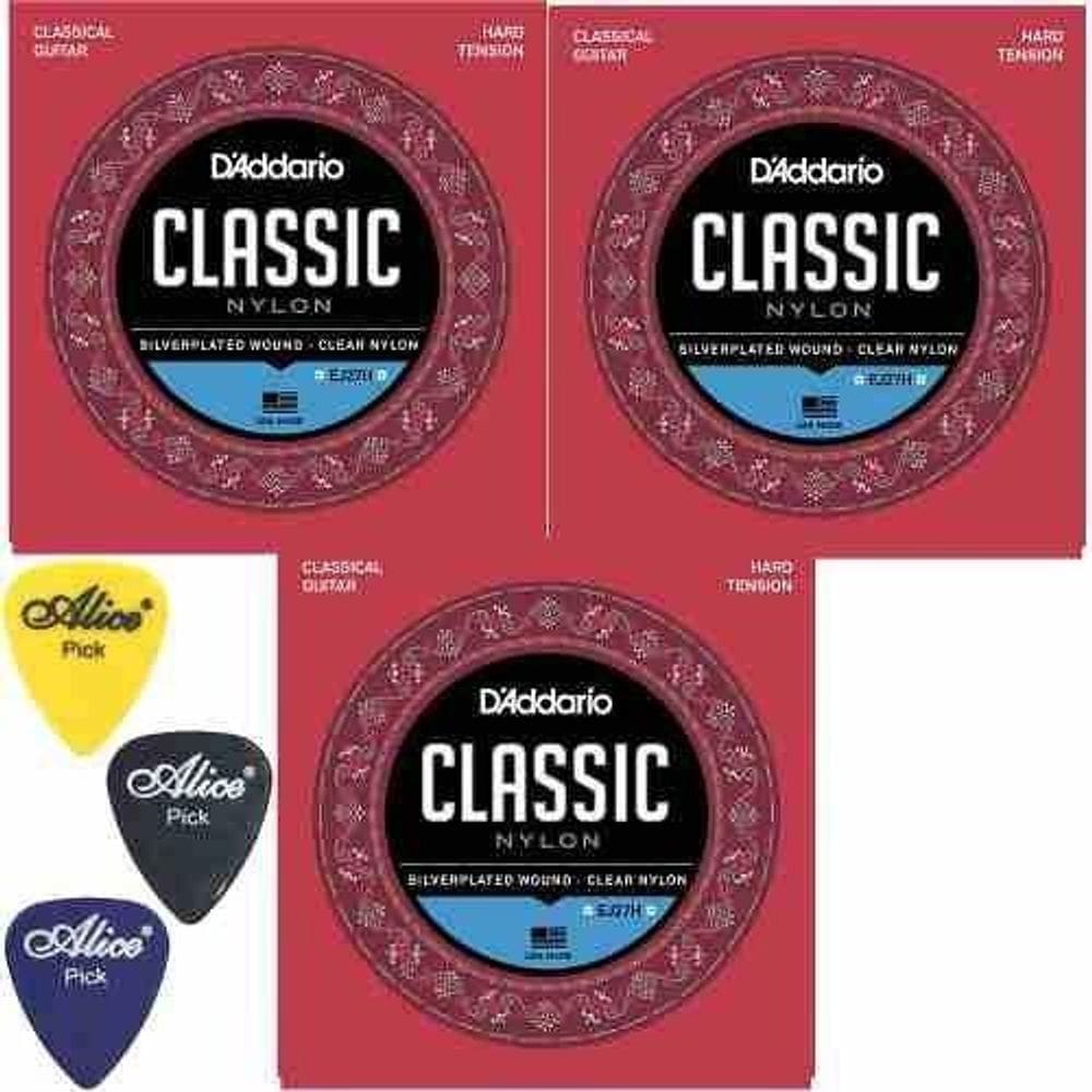 Kit 3 Encordoamento Nylon D`Addario Classic Ej27H + Palhetas