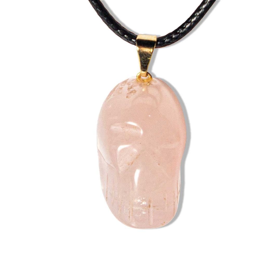 Colar Crânio Pedra Quartzo Rosa Montagem Pino Dourado