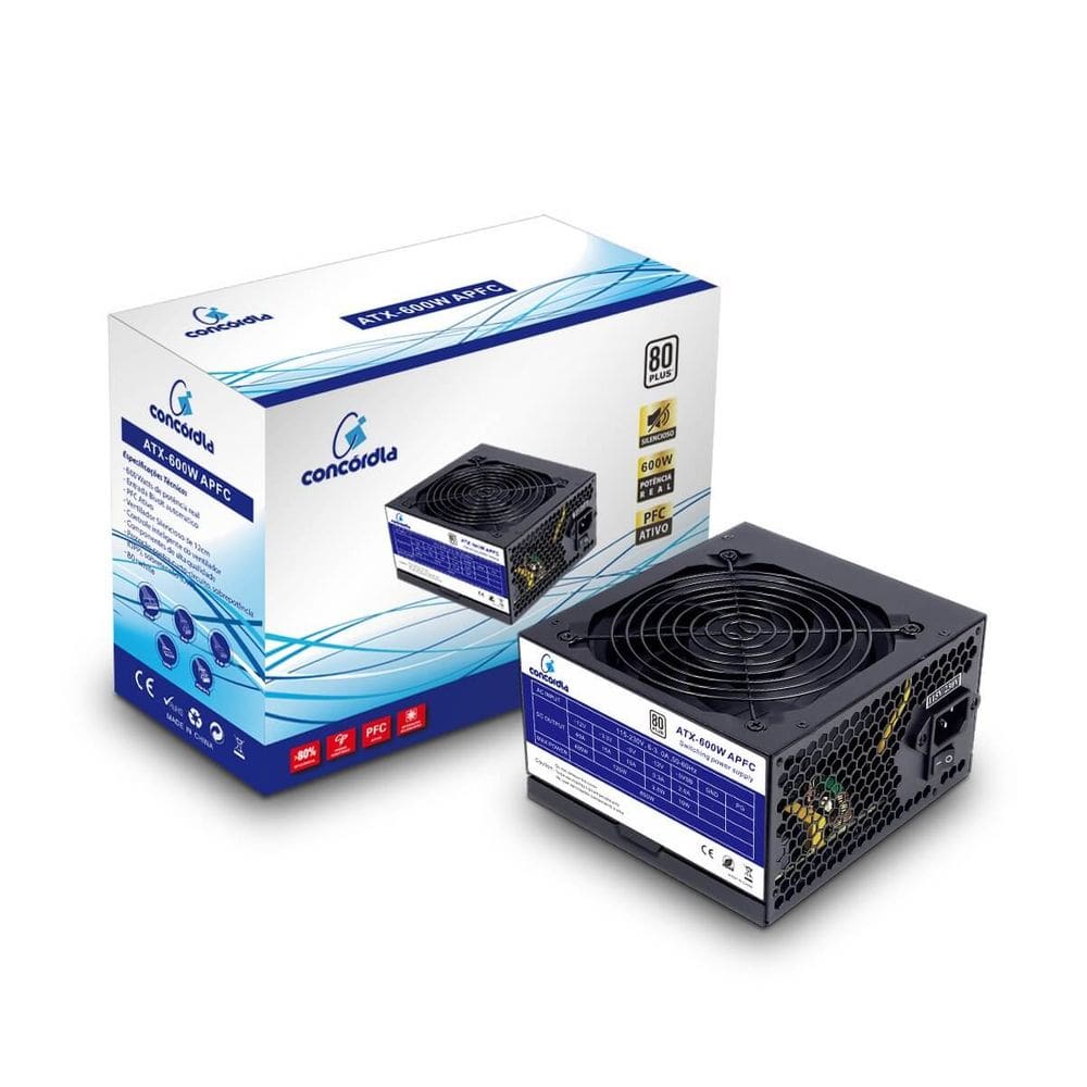 Fonte de Alimentação Concórdia 600W Real, 80 Plus White automática com PFC ativo