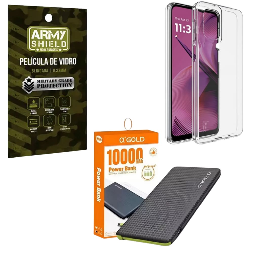 Capa Capinha Transparente Para Moto G75 + Power Bank 10000 + Pelicula de Vidro 3D Armyshield