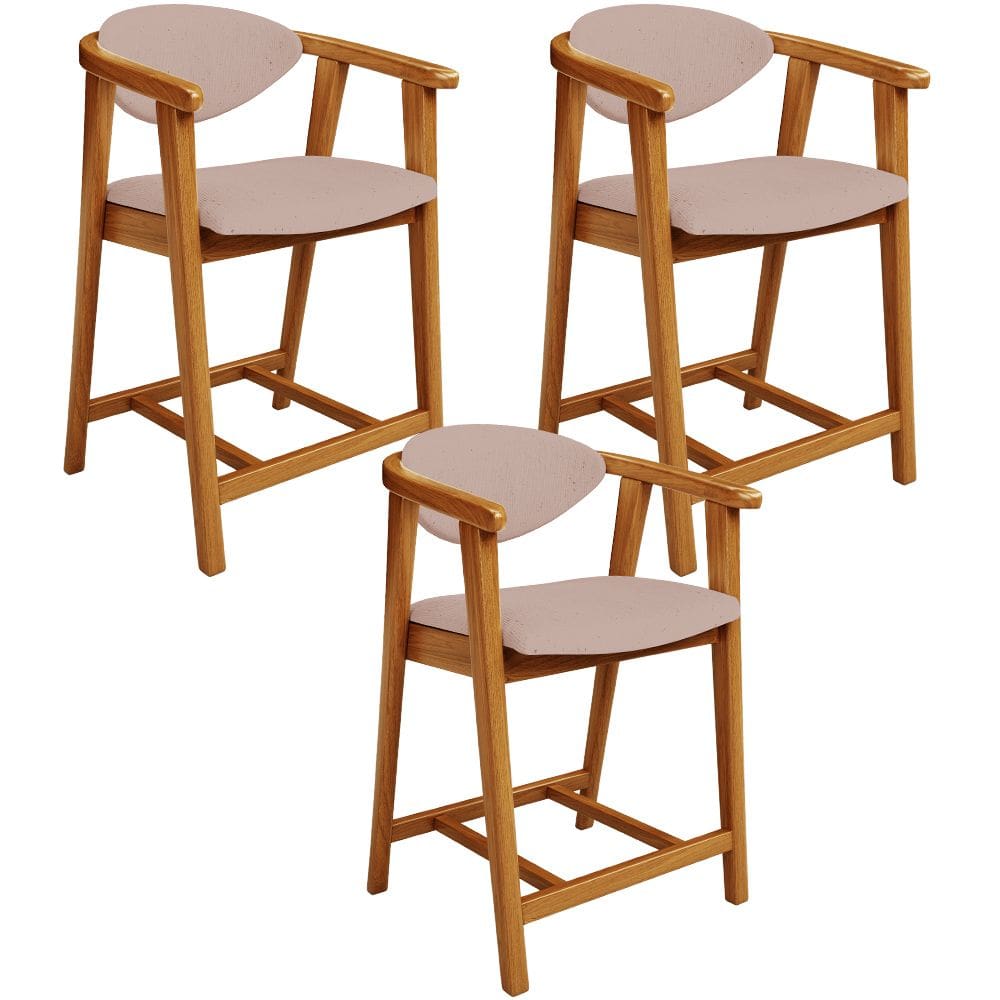 Kit 03 Banquetas Baixa Para Cozinha Sala Jantar Bancada Cecília L02 Linho Rosê - Lyam Decor
