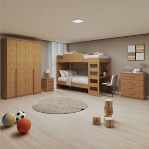 Quarto Infantil com Beliche Olga Cômoda e Mesa de Cabeceira Baião e Guarda-Roupa Alonzo