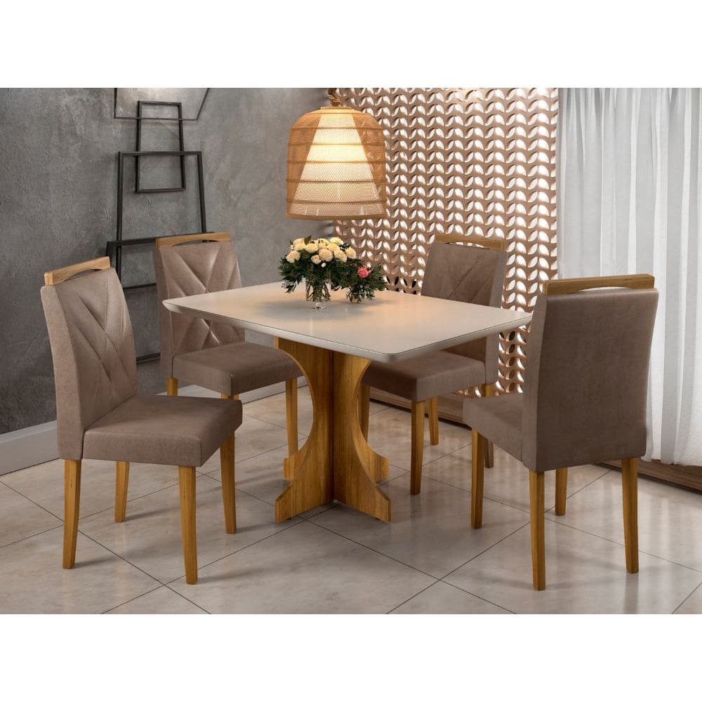Mesa de Jantar Londres 1.20x0.80 Com 4 Cadeiras Califórnia – Cinamomo/Off White/Avelã