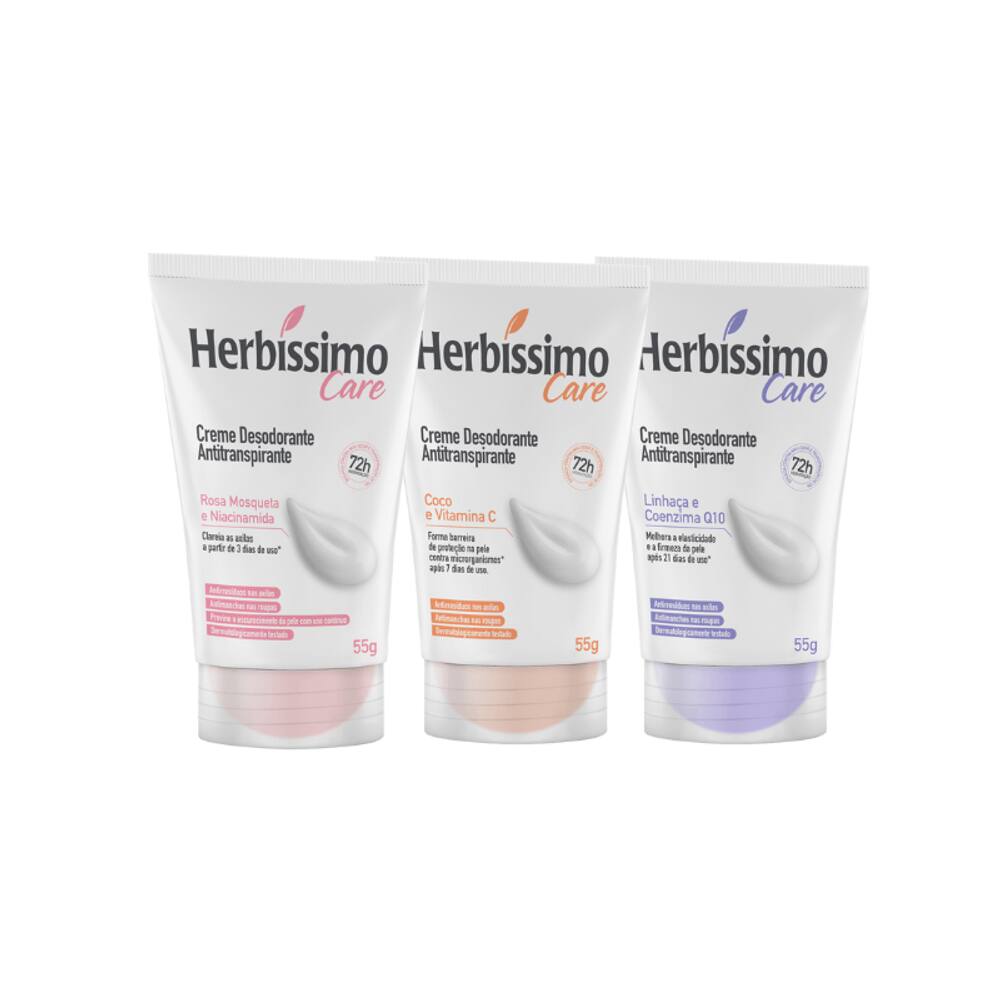Kit Creme Desodorante Antitranspirante Herbíssimo Care Rosa Mosqueta + Coco + Linhaça Bisnaga 55g