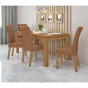 Conjunto Sala de Jantar Mesa Athenas Com 4 Cadeiras Apogeu Lopas Amêndoa Clean/Corino Caramelo