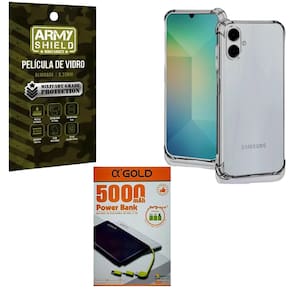 Capa Capinha Transparente Para Galaxy A06 + Power Bank 5000 + Pelicula de Vidro 3D Armyshield