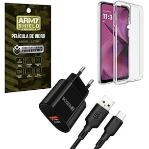 Capa Capinha Transparente Para Moto G35 + Carregador Turbo + Pelicula de Vidro 3D Armyshield