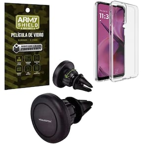 Capa Capinha Transparente Para Moto G35 + Suporte Carro Magnético + Pelicula de Vidro 3D Armyshield