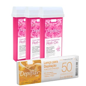 Kit Depilflax 50 Lenços Depilatórios+03und Cera Rollon Rosa