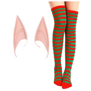 Kit Acessório Fantasia: Meia Longa Listrada 7/8 Duende Natal + Orelha Elfo Fada Cosplay