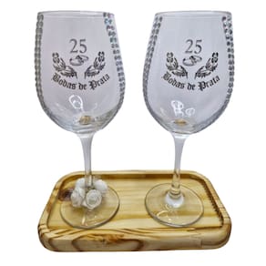 Kit 2 Taças Vidro Bandeja Bodas de Ouro 50 Anos Rosas Luxo