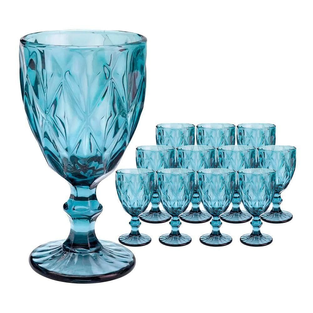 Jogo 12 Taças De Vidro Diamond Diamante Azul 300ml água Class Home