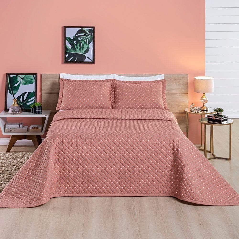 Kit Cobre Leito Colcha Vênus Queen Dupla Face Micropercal 200 Fios Liso 3 Peças - Rosê