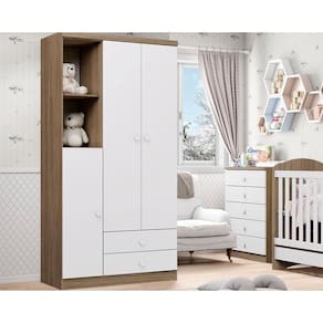 Guarda Roupa Infantil Bala de Menta c/ 3 Portas e 2 Gavetas Rústico/Branco - Henn