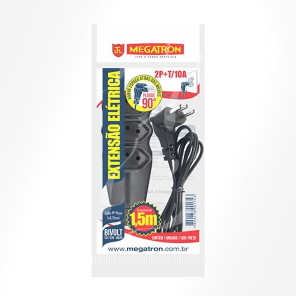 Extensão Pratik Cabo PP 2P+T 3x0,75mm | 3 Tomadas Preto 1,5m