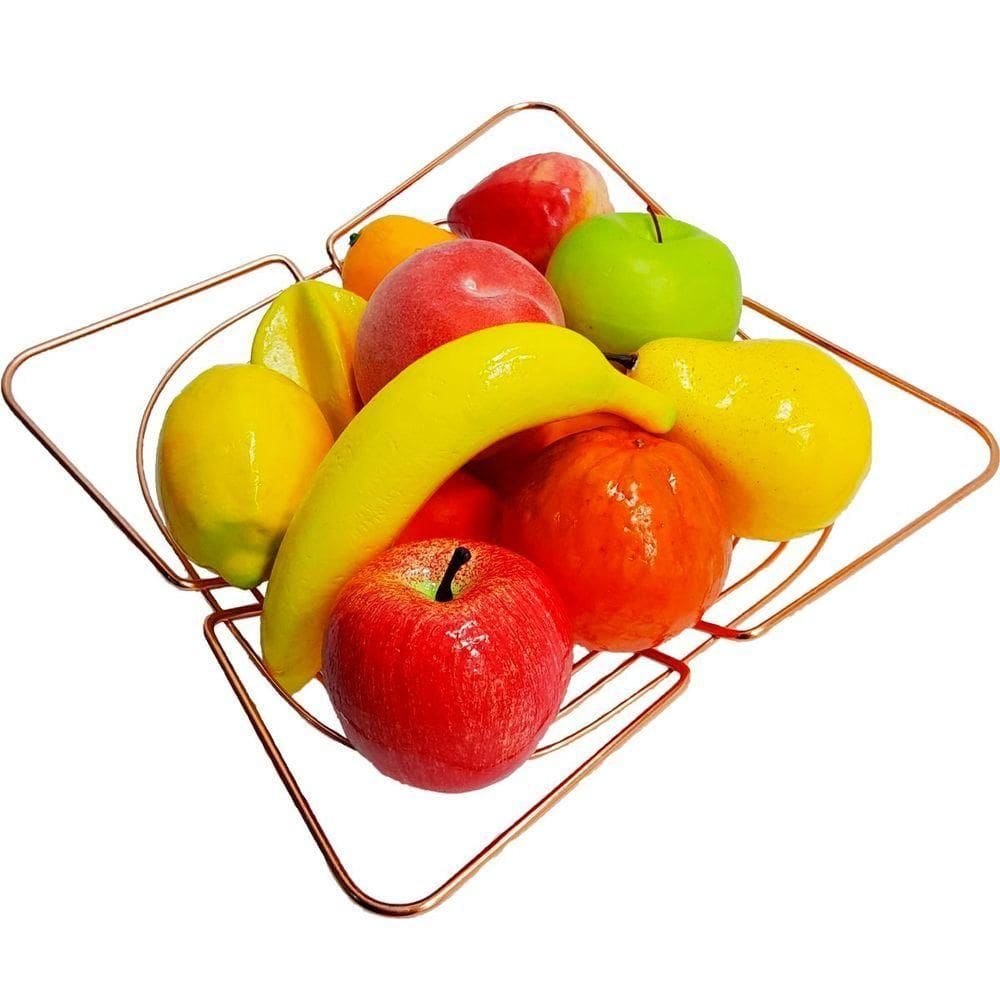 Kit Decoração Frutas Artificiais Isopor E Cesta Rose Inox