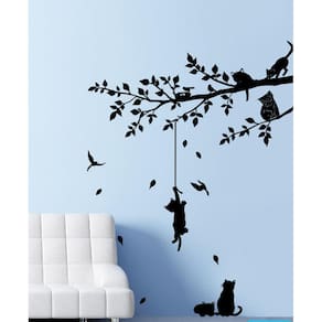 Adesivo de Parede Gatos Brincando na Árvore 135x101cm Preto