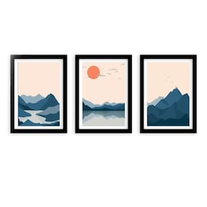 Kit 3 Quadros Decorativos Com Molduras Montanhas Por Do Sol