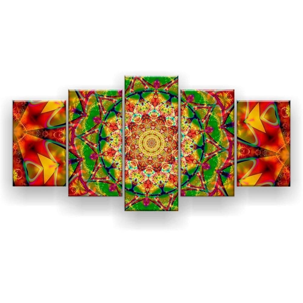 Quadro Decorativo 5 Peças Mandala Laranja Trance Psicodélico