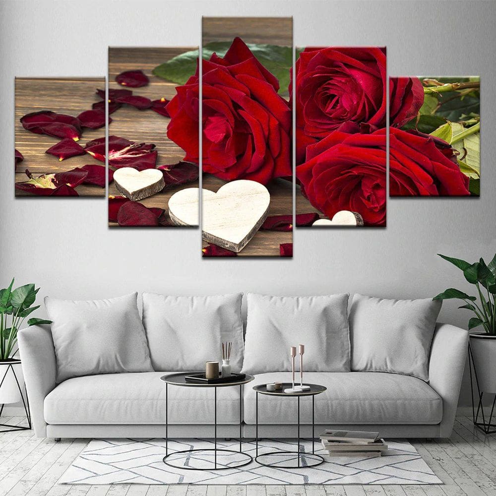 Quadros Decorativos 5 Peças Buque Rosas Vermelhas Arranjos