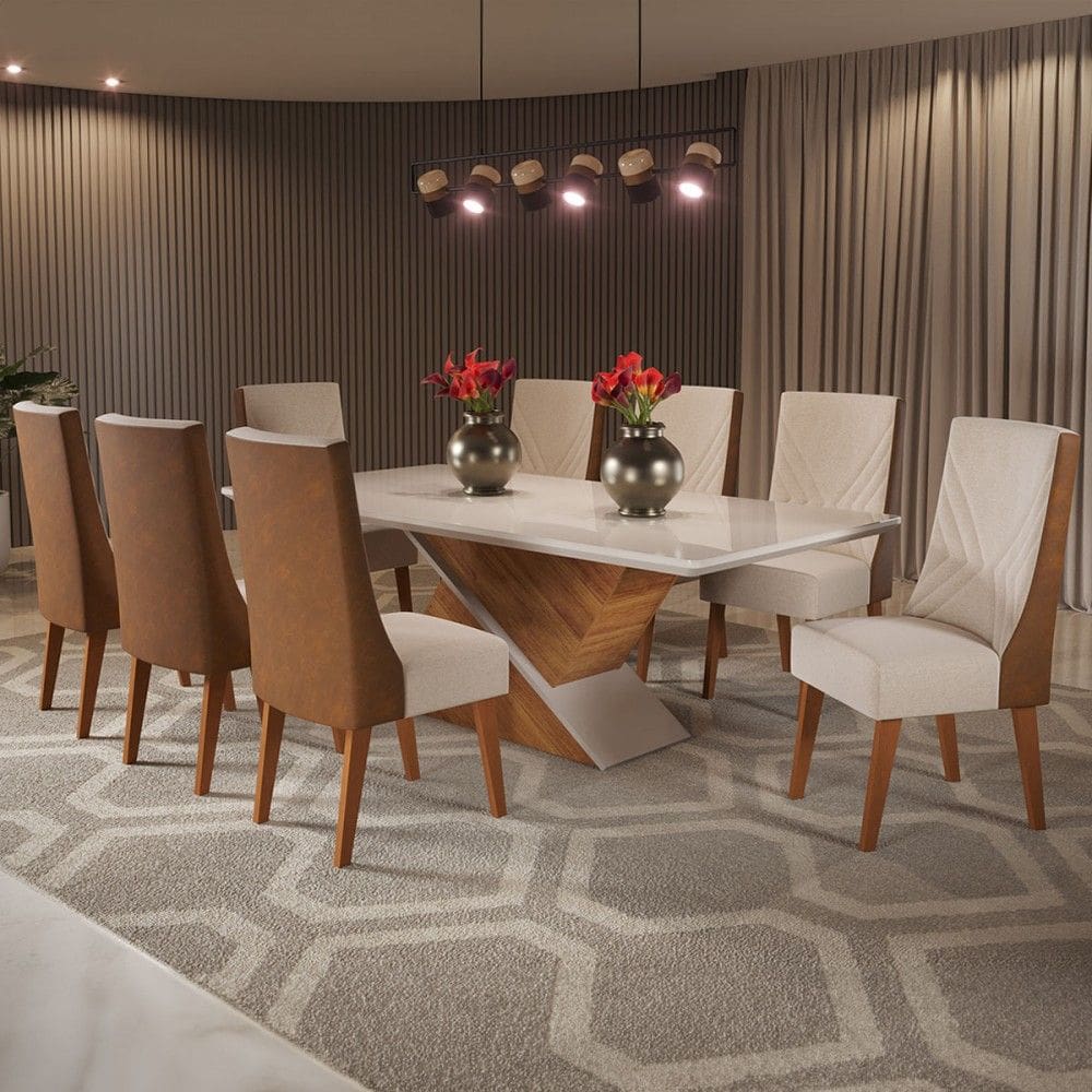 Mesa de Jantar 8 Lugares Luxury com Vidro Marrom/Off White/Bronze - Viero Móveis
