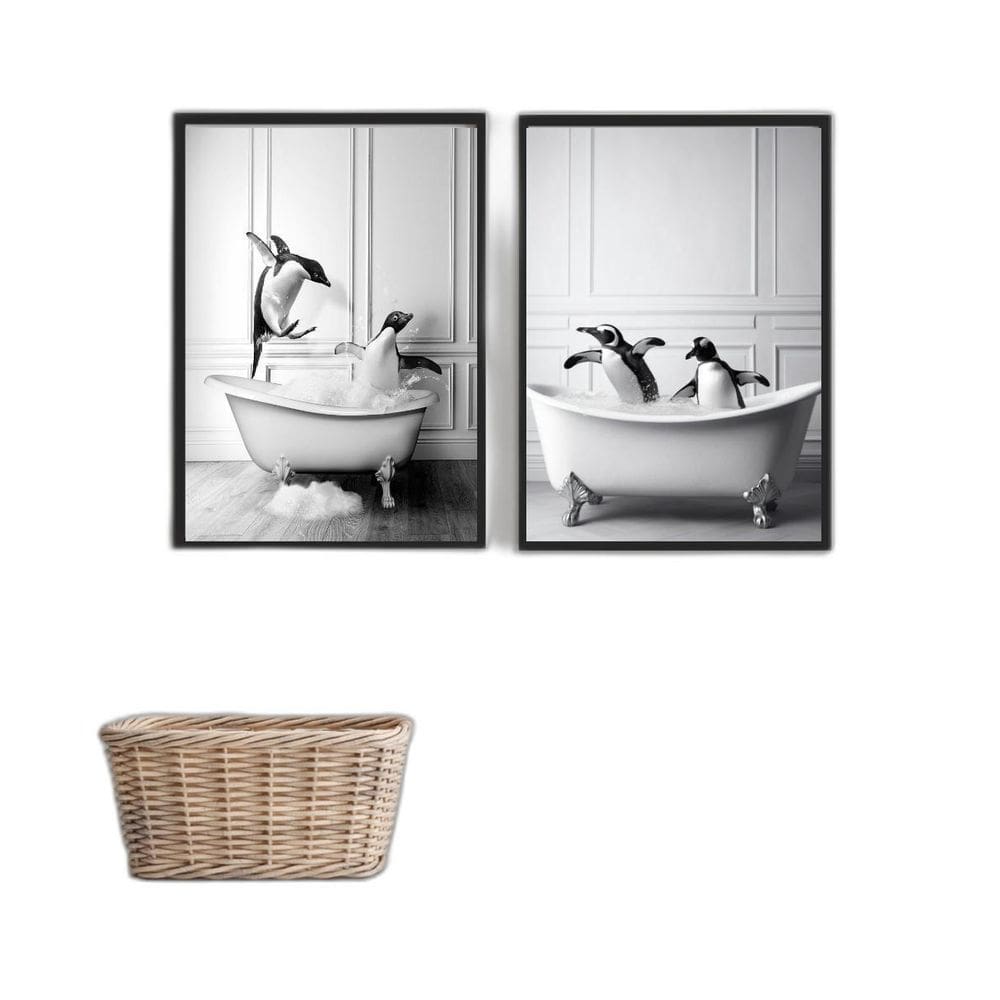 Kit 2 Quadros Decorar Banheiro- Pinguins 33X24Cm - Com Vidro