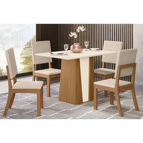 Sala de Jantar Completa Orus c/ Tampo Madeirado 120x80cm e 4 Cadeiras Milla Nature/Off White - Linho Bege - Henn