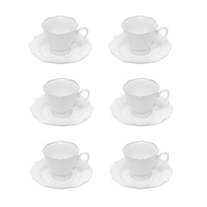 Cj 6 Xícaras P/Café C/Pires de Porcelana Branca Maldivas C/Filete Prata 80ml Wolff