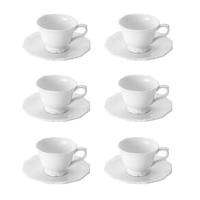 Cj 6 Xícaras P/Chá C/Pires de Porcelana Decorado em Alto Relevo Branco 200ml Wolff