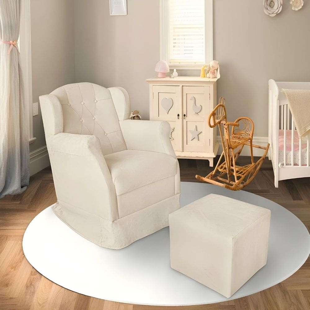 Poltrona Decorativa Amamentação Balanço E Puff Quarto Mamãe Bebê Corino