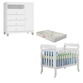 Berço Americano Lila com Colchão Gazin e Cômoda Infantil Ternura Baby Branco Brilho - Incorplac