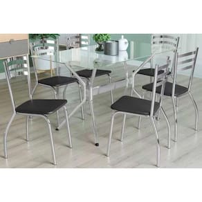 Sala de Jantar Completa Loire c/ Tampo de Vidro 80x140cm e 6 Cadeiras Noruega Cromada - Preto - Kappesberg