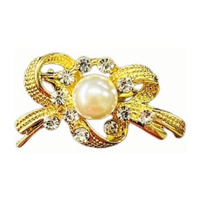 Broche Laço Dourado Com Strass E Pérola 4Cm X 2Cm