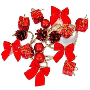 Kit 17 Enfeites Pinha Laço Bola Natal 3-5cm Vermelho