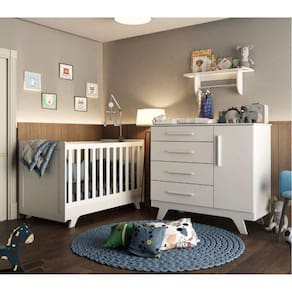 Conjunto para Quarto de Bebê com Cômoda Berço e Prateleira Retrô Branco Brilho