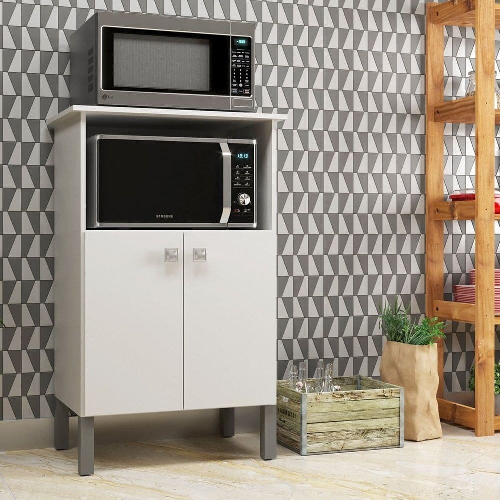 Balcão 2 Fornos Forno e Microondas com 2 Portas e Prateleira Branco