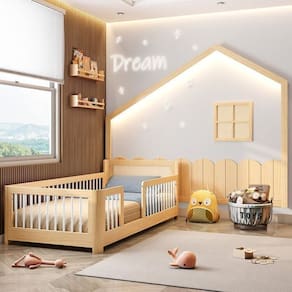 Conjunto Cama Solteiro Montessoriana Wave com Palito e Moldura com Led Dream Decor Casatema Branco / Natural