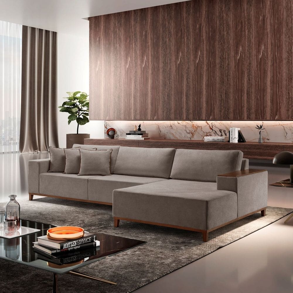Sofá com Chaise 4 Lugares Linho 290 Cm Grécia Cinza