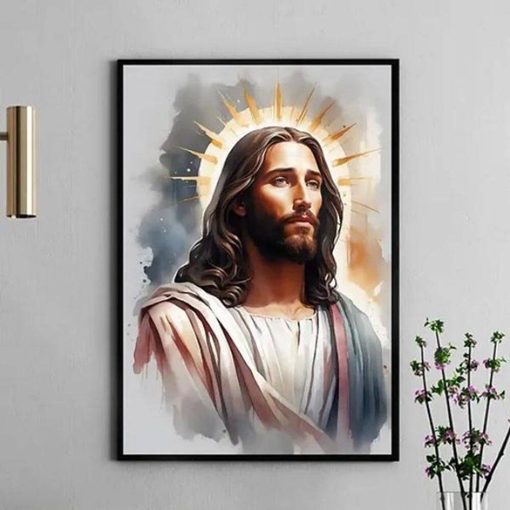 Quadro Jesus Aquarela Cinza E Dourado 24X18Cm