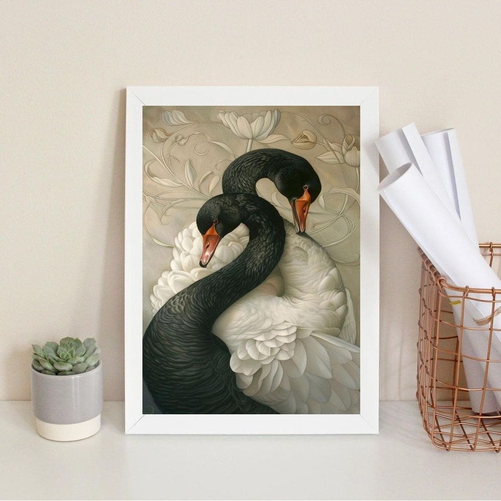 Quadro Decorativo Cisnes Branco E Negro 45X34Cm - Com Vidro