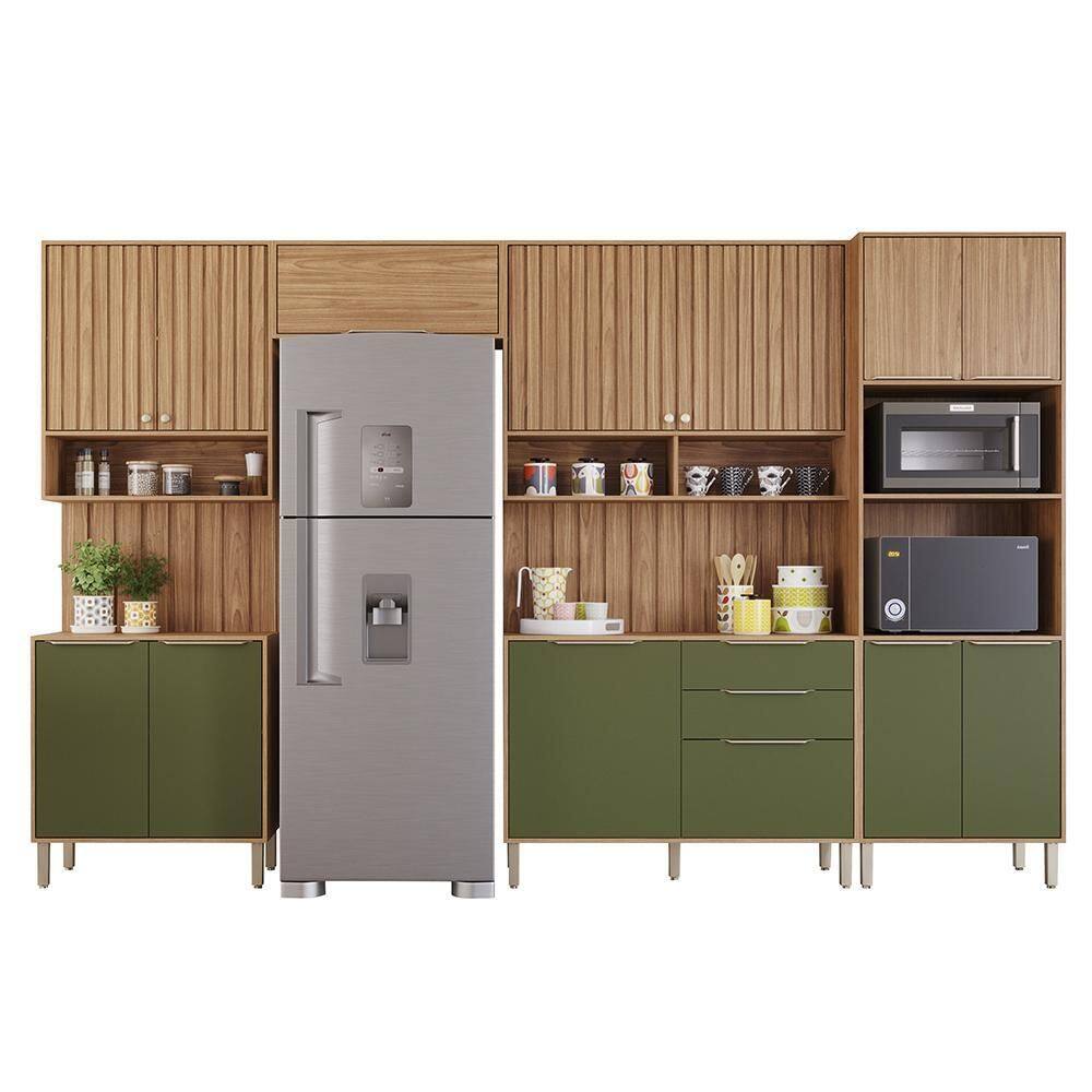 Cozinha Modulada Divina 8 Peças com Torre Quente 2 Fornos e Painel Ripado - MGM - Verde