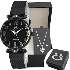 Relógio Feminino Preto + Brincos Colar Coração + Caixa