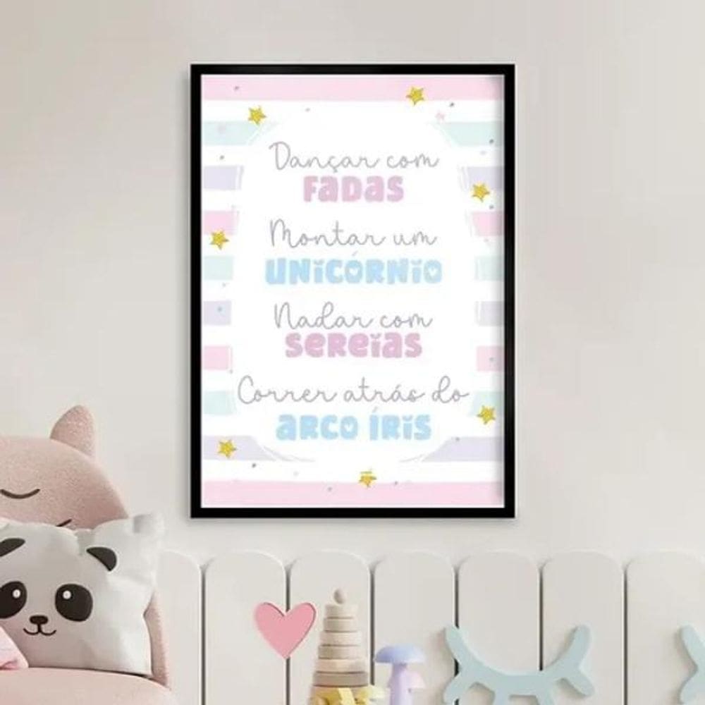 Quadro Infantil Fadas Unicórnios Sereia 33X24Cm - Com Vidro