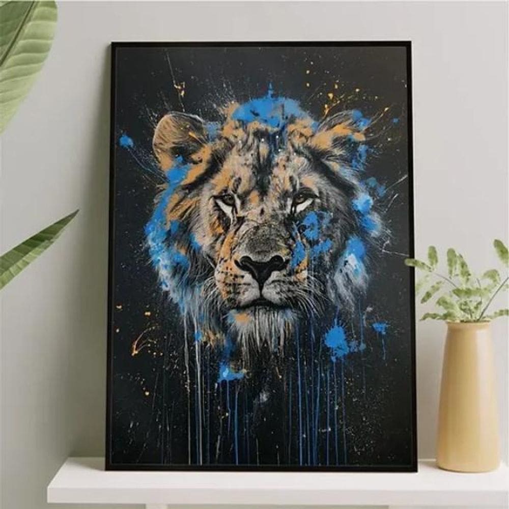 Quadro Leão Tinta Azul 33X24Cm