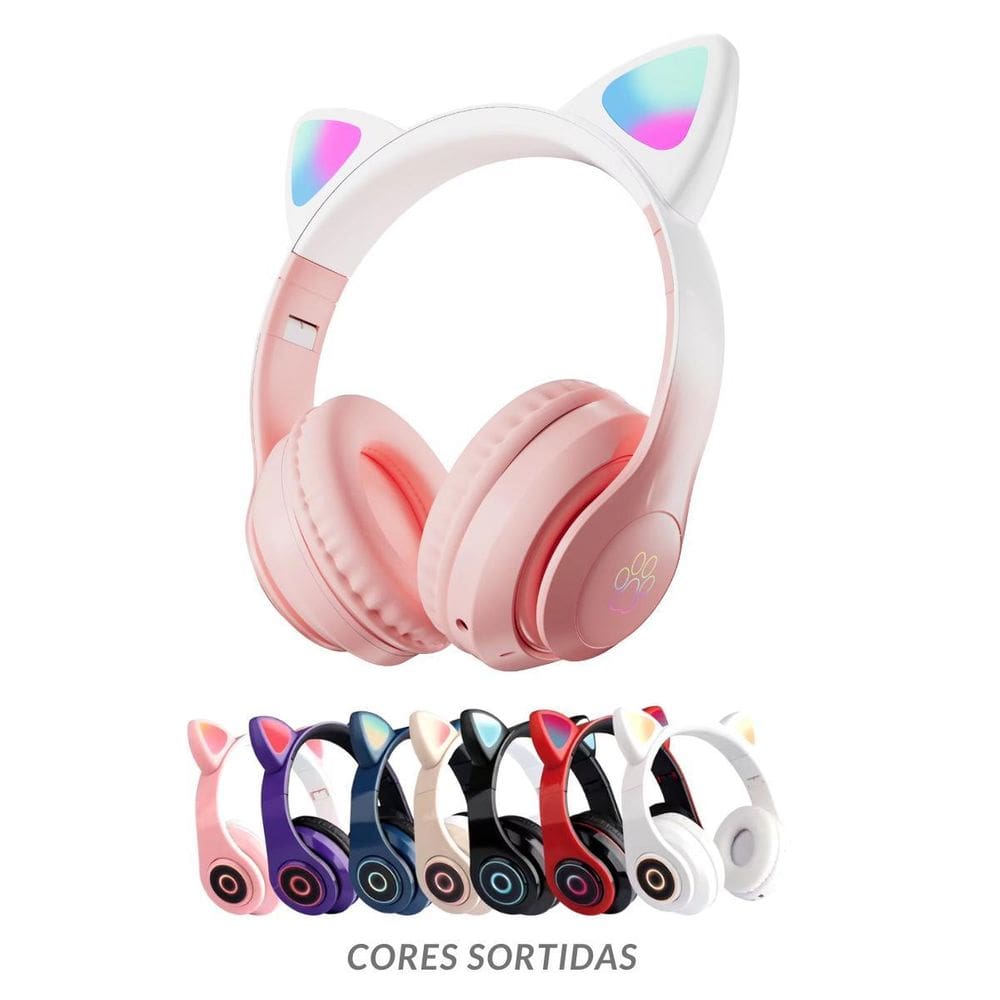 Fone Headset Gatinho Com Fio Orelha Led Para Criança Meninas