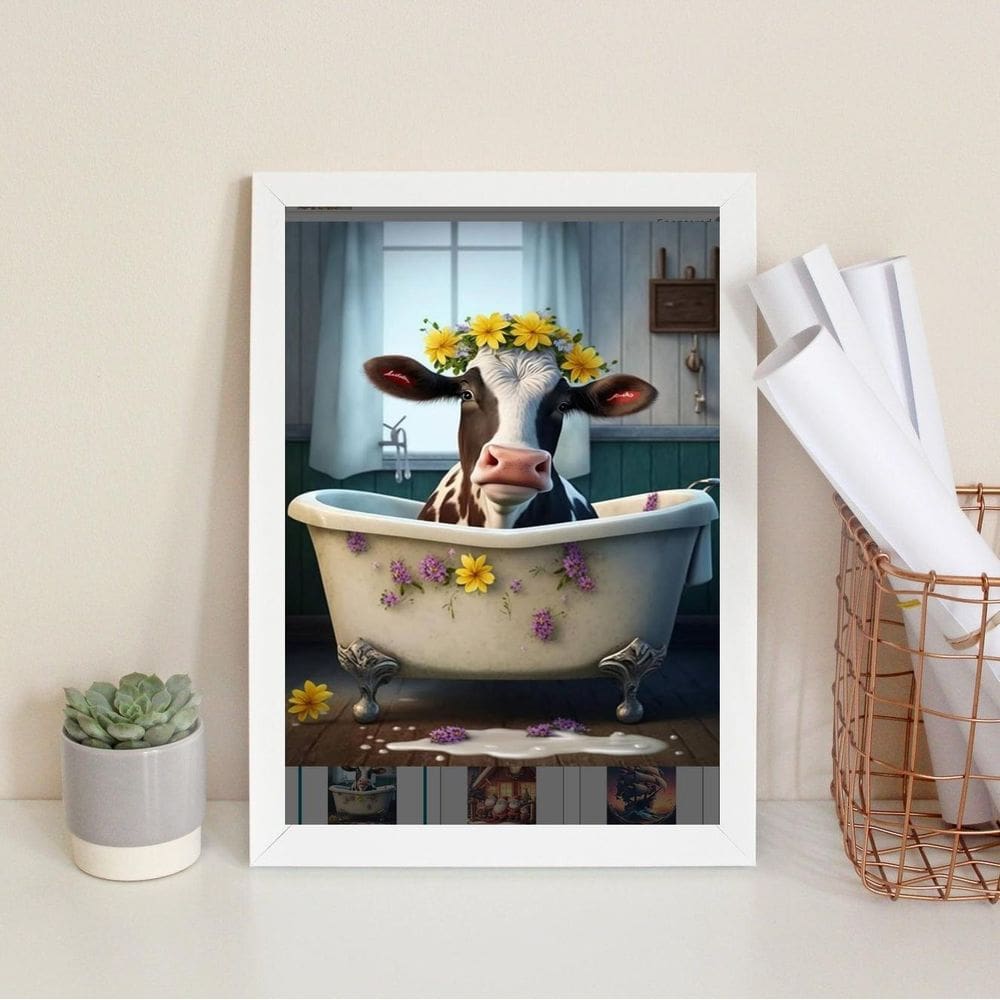 Quadro Banheiro Vaca Tomando 45X34Cm - Com Vidro