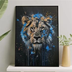 Quadro Leão Tinta Azul 33X24Cm - Com Vidro